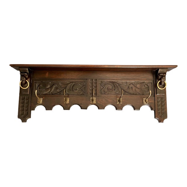 Antique Gothic Lions Head Wall Shelf Coat & Hat Rack For Sale