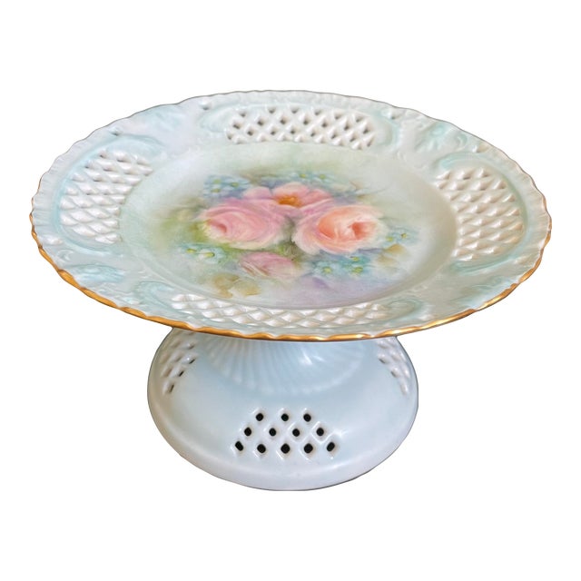 Antique Pedestal Openwork Candy Dish With Hand Painted Roses For Sale