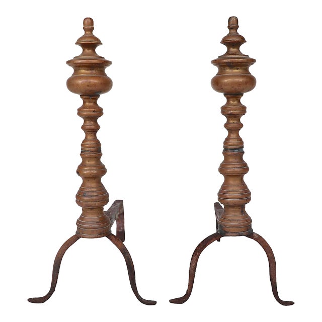 Early Chippendale Style Brass and Iron Andirons For Sale