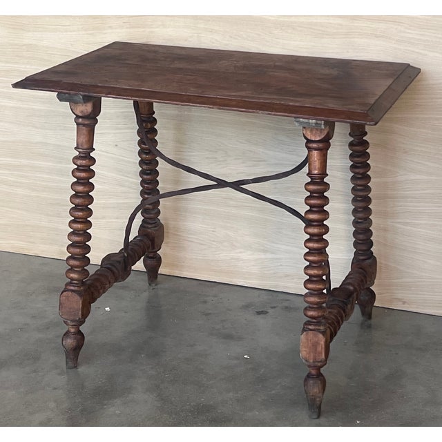 Late 19th Century 19th Century Spanish Side Table with Carved Lentil Legs and Iron Stretcher, 1890s For Sale - Image 5 of 11