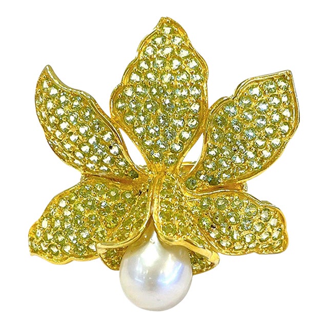 Bochic “Orient” Peridot & Pearl Cocktail Ring Set in 18k Gold & Silver Size 6 For Sale