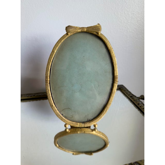 Antique French Neoclassical Style Gilt Brass Swivel Vanity Frame Ribbon Bow Crest Tabletop Display Frame For Sale In New York - Image 6 of 8