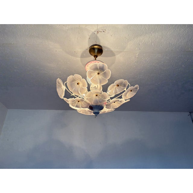 Vintage White Murano Style Floral Chandelier | Italian Art Deco Ceiling Light | 1980s Glass Flower Lighting For Sale - Image 14 of 17
