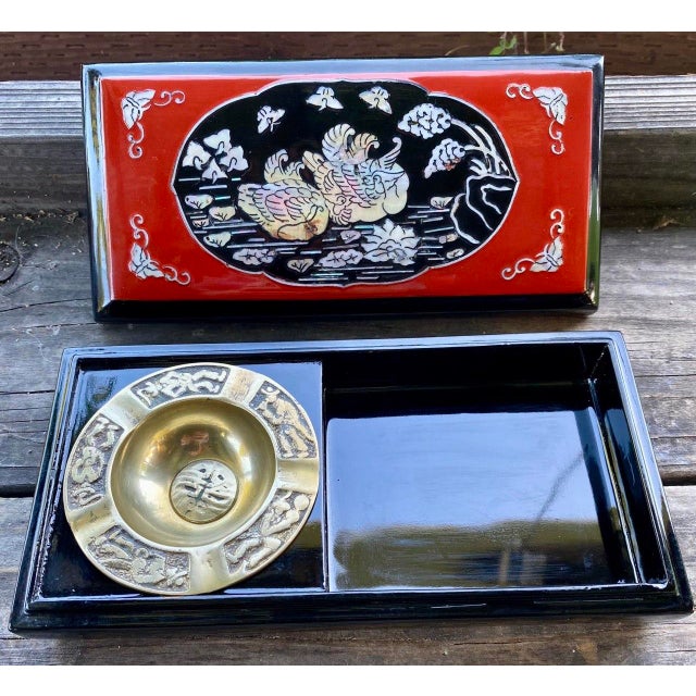 Mid 20th Century Mid 20th Century Japanese Red & Black Lacquer Cigarette Box With Mother-of-Pearl Inlay & Brass Ash Receiver For Sale - Image 5 of 12
