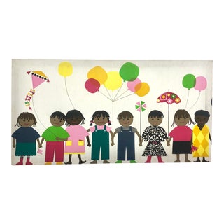 1970s Mid Century Happy Kids Large Fabric Wall Art For Sale