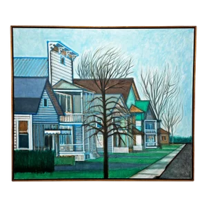 D. 1969 Noted Ny Artist Ed Cowley Abstract Realism Town Scape Painting