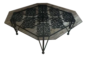 Mid Century Modern Cast Iron Base Octagon Bevel Edge Glass Coffee Table