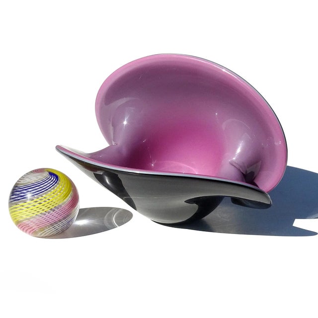 Beautiful, extra large, vintage Murano hand blown black over white and purple Italian art glass double position clam shell...