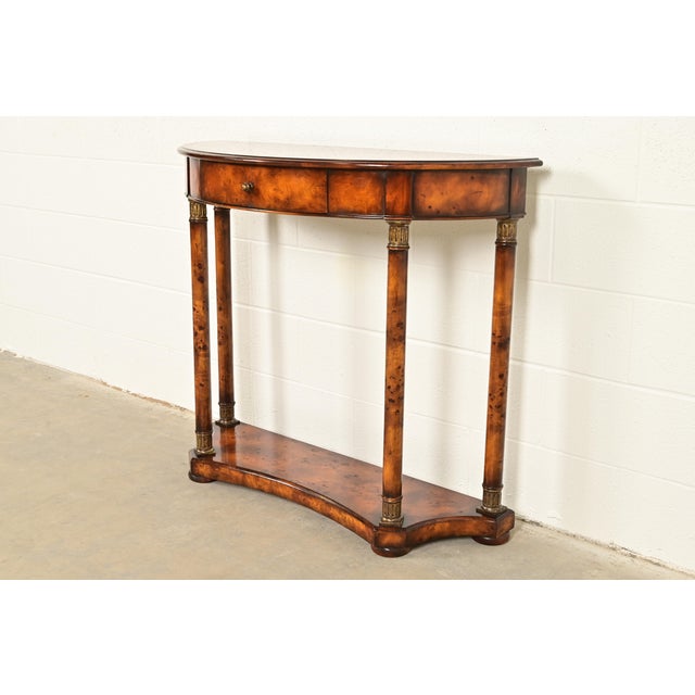 Baker Furniture Company Maitland Smith Style French Empire Burl Wood and Gold Gilt Demilune Console Table For Sale - Image 4 of 15