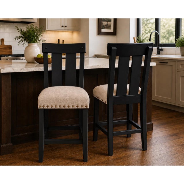 Farmhouse Set of 2 Counter Height Stools – Matte Black Finish With Upholstered Seats & Nailhead Trim For Sale - Image 3 of 3