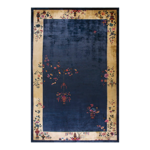 Beige Border and Navy Color Field Underscores Floral Chinoiserie Style Chinese Art Deco Rug