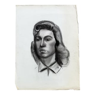 Large Vintage Charcoal Portrait Drawing of a Woman With Rolled Curl For Sale