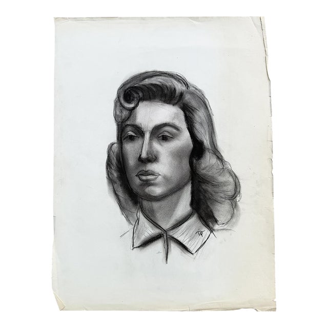 Large Vintage Charcoal Portrait Drawing of a Woman With Rolled Curl For Sale