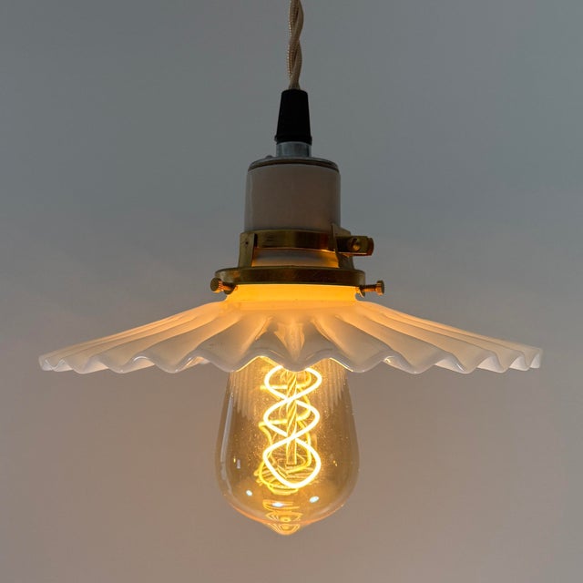 French Country Antique White Opaline Glass “Frill” Pendant Light, 1930s For Sale - Image 3 of 7