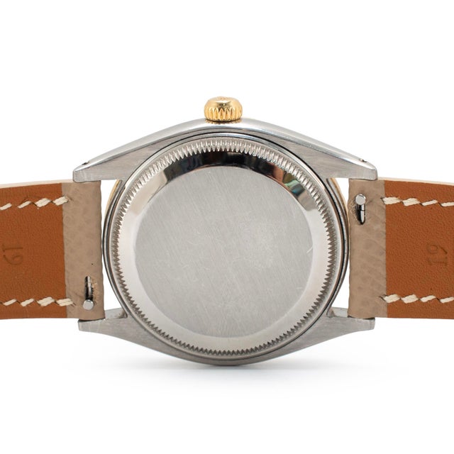 Late 20th Century Ladies Vintage Rolex Oyster Perpetual 34mm 6567 Diamond Bezel Steel Gold Watch For Sale - Image 5 of 8