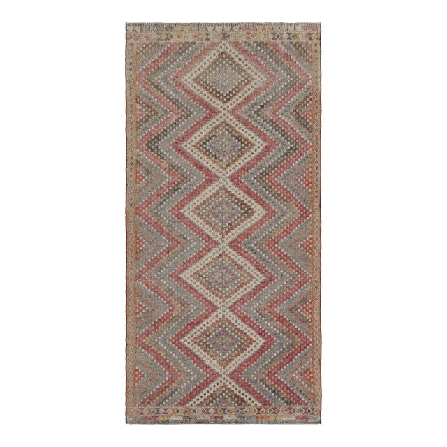 Vintage Mid-Century Geometric Beige-Brown Red and Blue Wool Kilim Rug For Sale