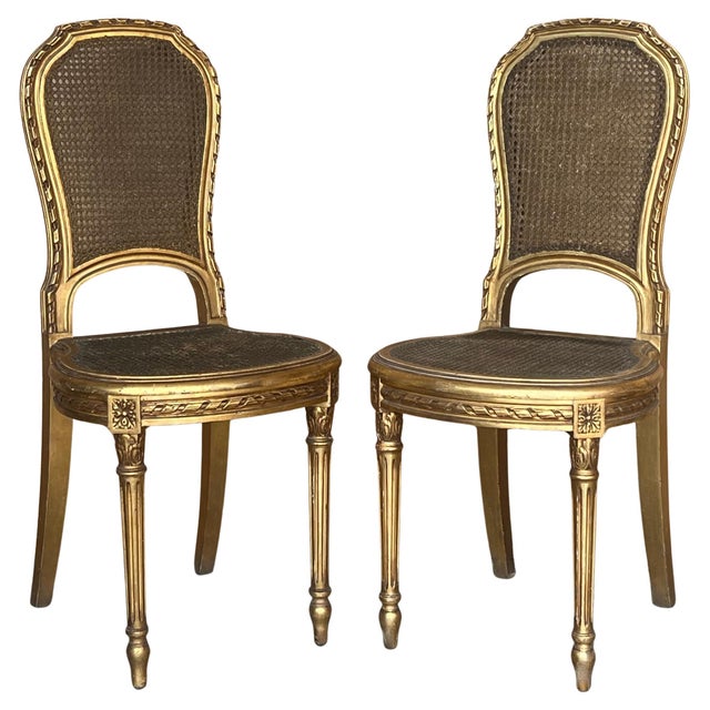 Pair of Early 20th Century French Louis XVI Style Gilted Dining Chairs with caned seats For Sale - Image 15 of 18