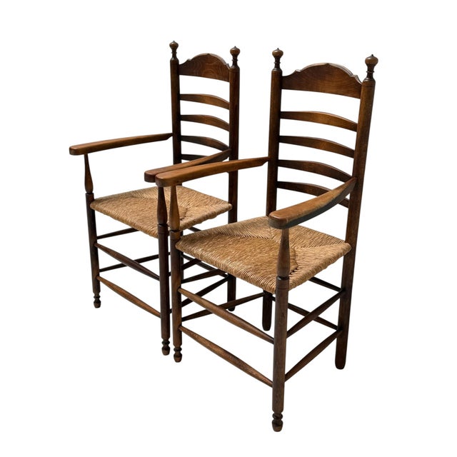 Rustic Dutch Ladder Back Armchairs in Patinated Beech, 1900s, Set of 2 For Sale - Image 6 of 13