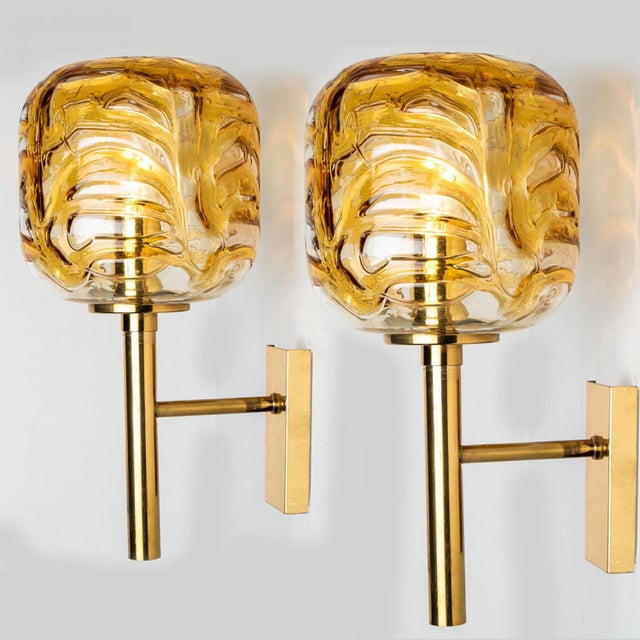 Metal Murano Yellow Glass and Brass Wall Lights attributed to Doria Leuchten, 1960s, Set of 2 For Sale - Image 7 of 13
