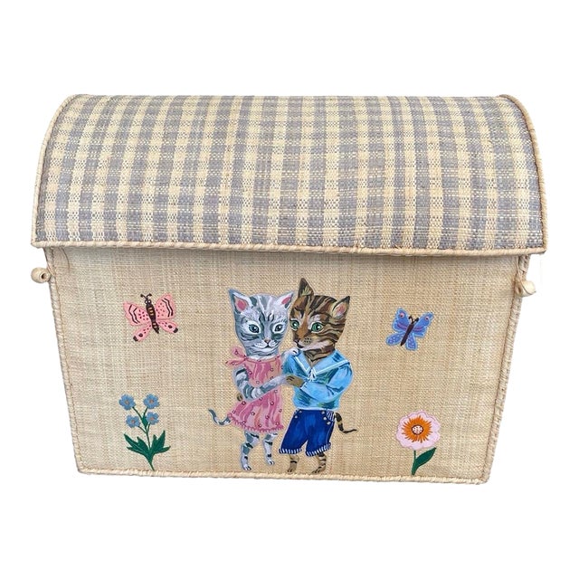 Whimsical Hand-Painted Raffia Anthropomorphic Cat Motif Toy Box For Sale