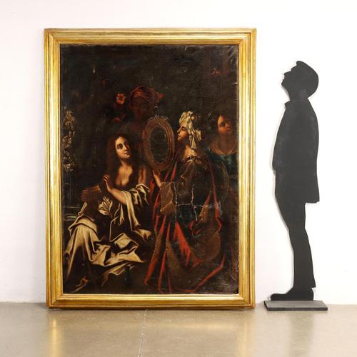 Oil painting on canvas. The large painting recalls the pictorial methods of the 17th century but is from a later period,...