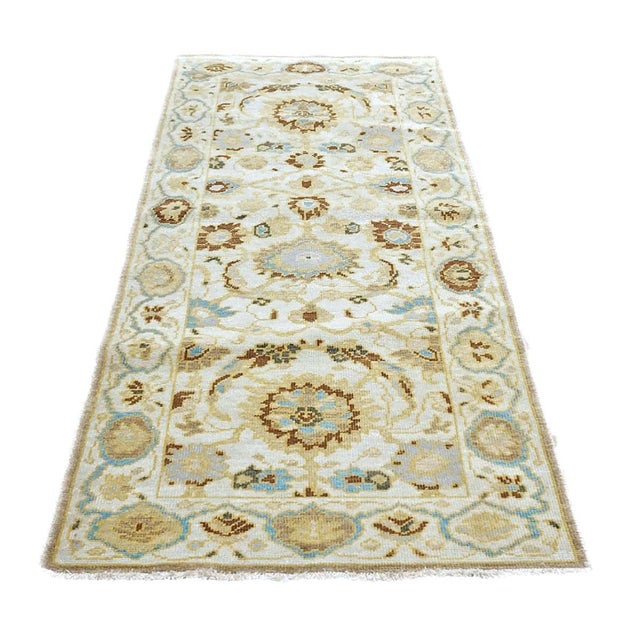 21st Century Afghan Sultanabad Wool 3x6 Ivory, Light Blue & Gold Handmade Runner Rug #1143914 For Sale - Image 4 of 6