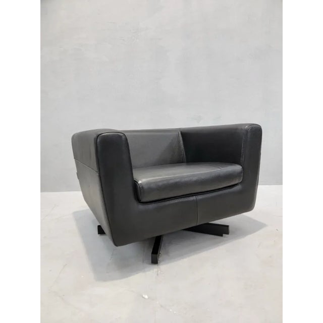 Metal Mid Century Modern Roche Bobois Swivel Lounge Chair in Black Leather For Sale - Image 7 of 10