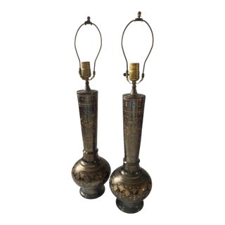 Mid 19th Century Brass Etched Ornate Indian Lamps - Set of 2 For Sale