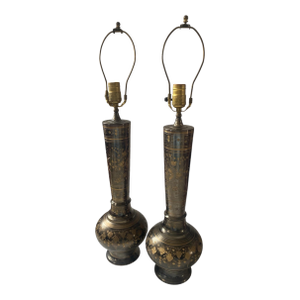 Mid 19th Century Brass Etched Ornate Indian Lamps - Set of 2