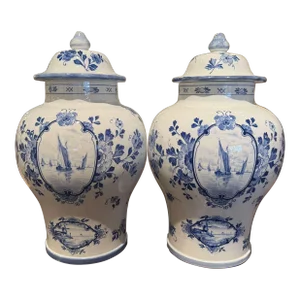 Pair of Late 20th Century Dutch Painted Blue and White Faience Delft Ginger Jars