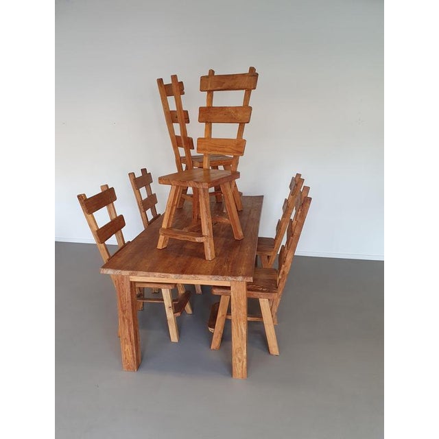 Elm wood brutalist wabi sabi dining set / 6 chairs / Table 1960s. Measurements: Table/ depth 90cm x wide 200cm x height...