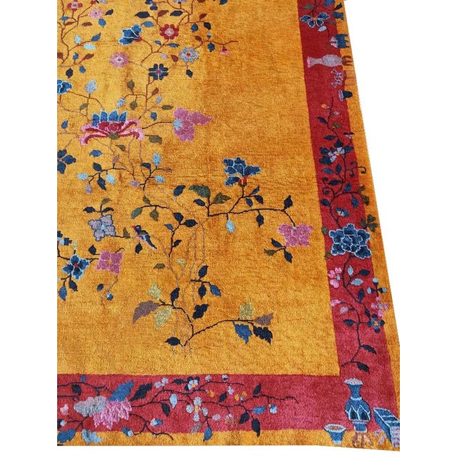 Canary Yellow 1920s Canary Yellow Floral Sprays Antique Chinese Art Deco Carpet 6'2" X 8'8" Knotted Wool Rug For Sale - Image 8 of 9