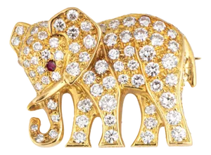 1980s Cartier Diamond Elephant Brooch Pin Vintage 18k Yellow Gold Signed Jewelry