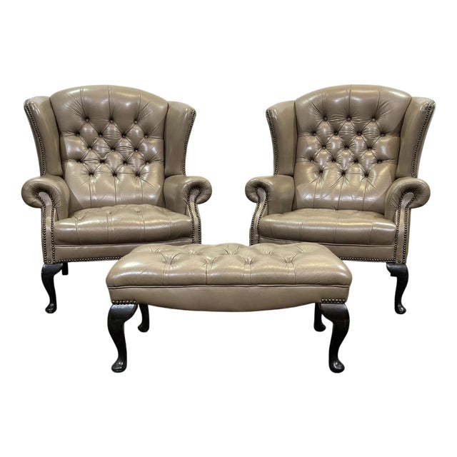High-Backed Chesterfield Armchairs with Leather Ottoman, 1980s, Set of 3 For Sale