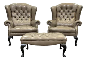 High-Backed Chesterfield Armchairs with Leather Ottoman, 1980s, Set of 3