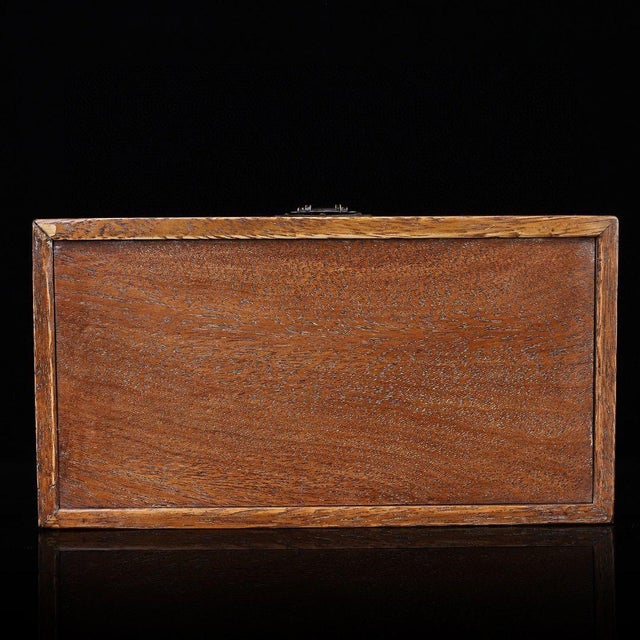 A handsome vintage Chinese rectangular hardwood jewelry / table box, richly decorated on the lid with mother-of-pearl...