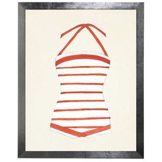 Orange and White Striped Bathing Suit Watercolor Print - 15" X 19" For Sale