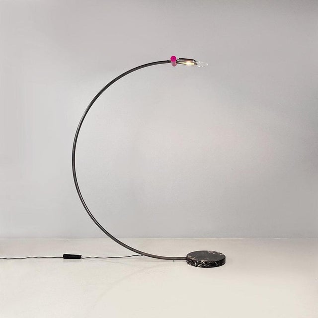 Italian space age metal, acrylic glass and marble, black and violet arc floor lamp from 1980s. Arc lamp with curved...