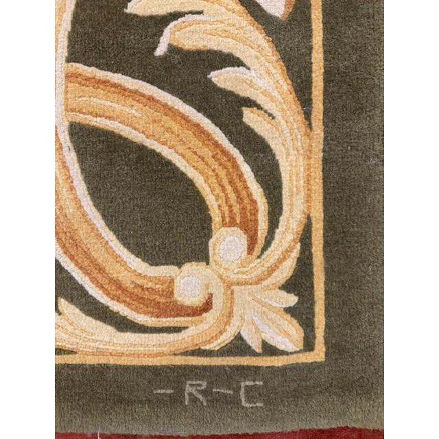 Contemporay Luxury Green Field Medallion Antique European Savonnerie Gallery Rug For Sale - Image 4 of 8