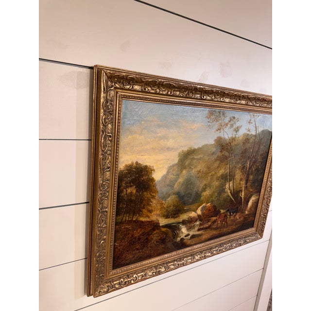 English 19th Century Oil on Canvas "Cattle Watering by the Stream" For Sale - Image 3 of 12