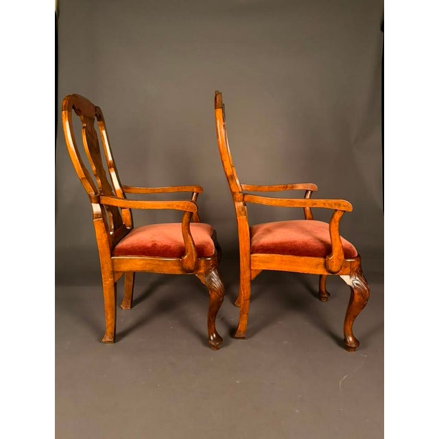 Set of 8 English Queen Anne Style Dining Chairs, Burl Walnut & Beechwood, 2 Armchairs and 6 Side Chairs, Circa 1890 For Sale - Image 11 of 13