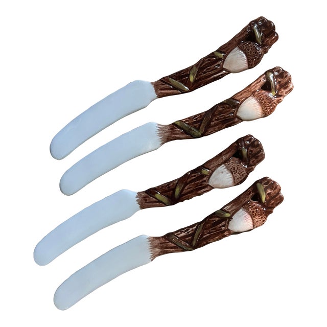 Set of 4 Vintage Ceramic Acorn/Twig Canape Knives For Sale