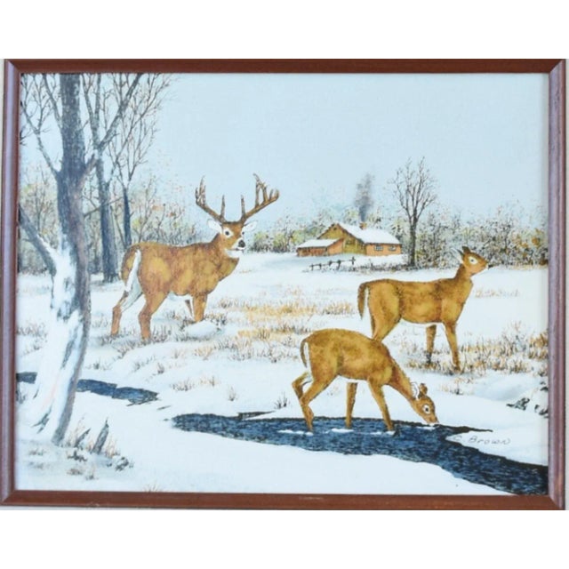 Mid 20th Century Artist Signed Stag and Doe Deer's in Snowy Landscape Painting W/ Frame For Sale - Image 5 of 9