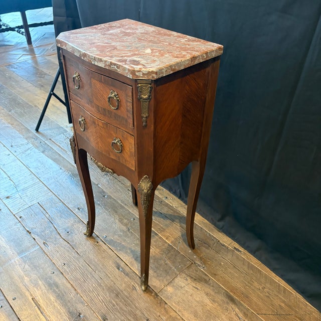 Wood Antique French Walnut & Marble Top Night Stands -a Pair For Sale - Image 7 of 14