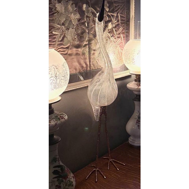 1970s 30" Signed Licio Zanetti Murano Latticino Italian Art Glass Heron Crane Bird Sculpture For Sale - Image 10 of 12