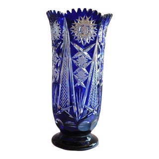 1940s Large Blue Cut to Clear Vase From Germany # 21825 For Sale