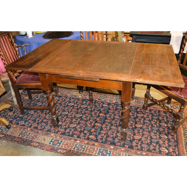 English 1930s Vintage English Oak Barley Twist Extending Pub Table & 4 Dining Chairs Set W/ Wine Upholstery - Set of 5 For Sale - Image 3 of 18