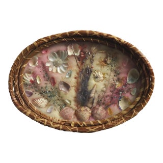 Antique Folk Art Pine Needle Basket Seashell Vanity Tray For Sale