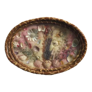 Antique Folk Art Pine Needle Basket Seashell Vanity Tray