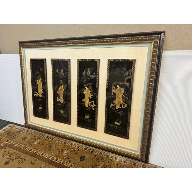 Japanese Mid Century Japanese Panels Inset in Frame For Sale - Image 3 of 12